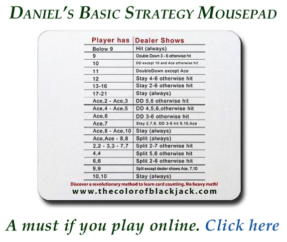 Daniel's mousepad with the blackjack basic strategy table imprinted